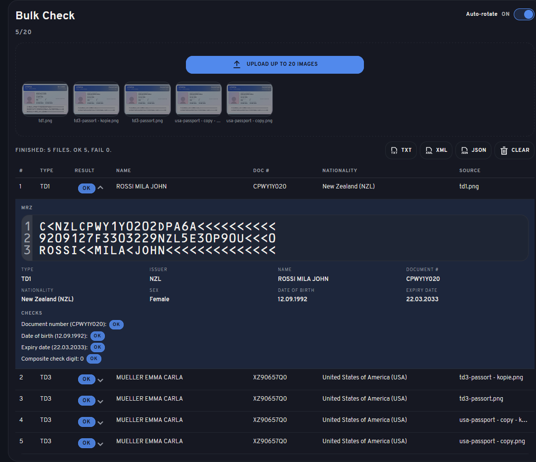Bulk Check showing a processed batch with one expanded result.