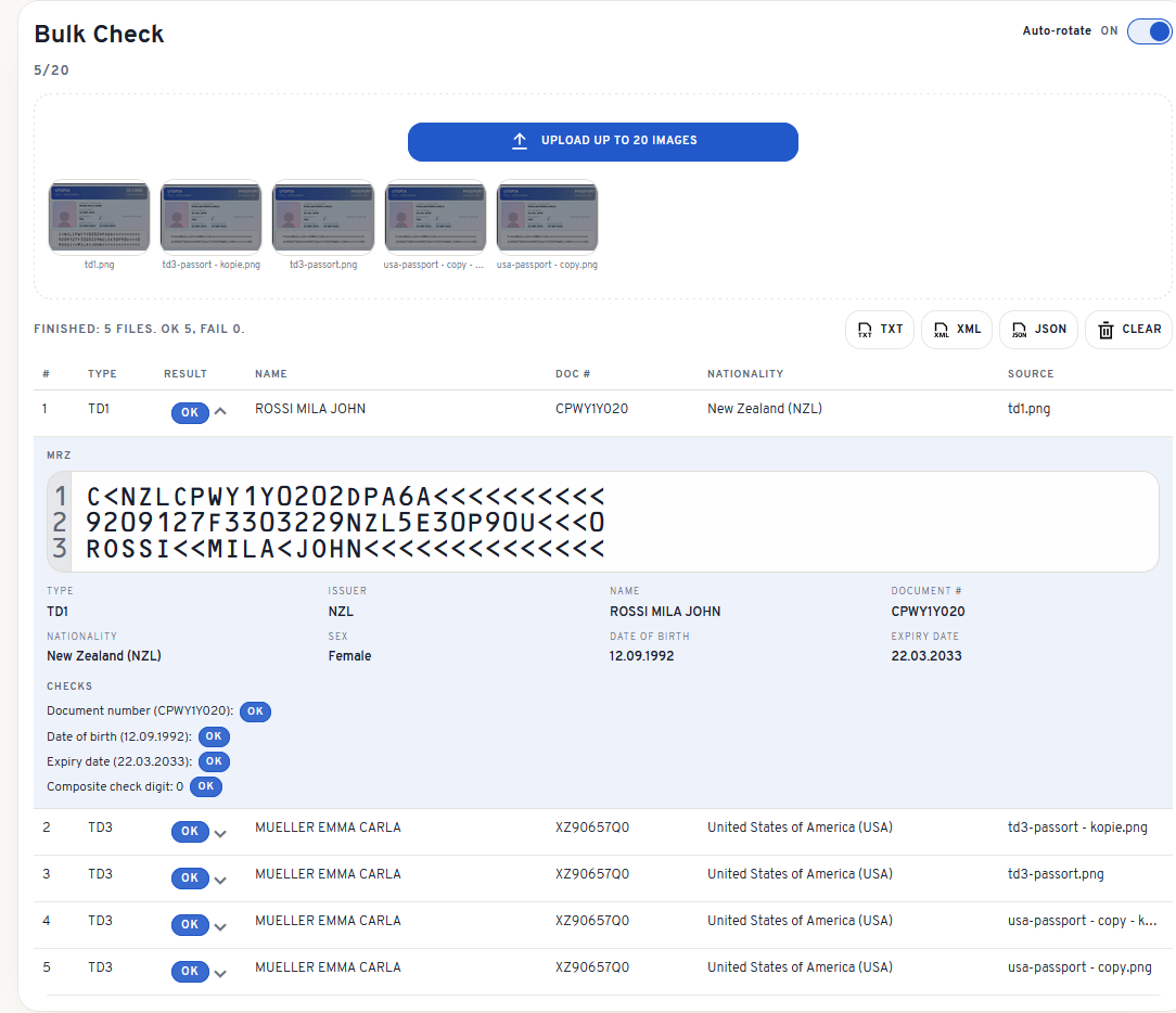 Bulk Check showing a processed batch with one expanded result.