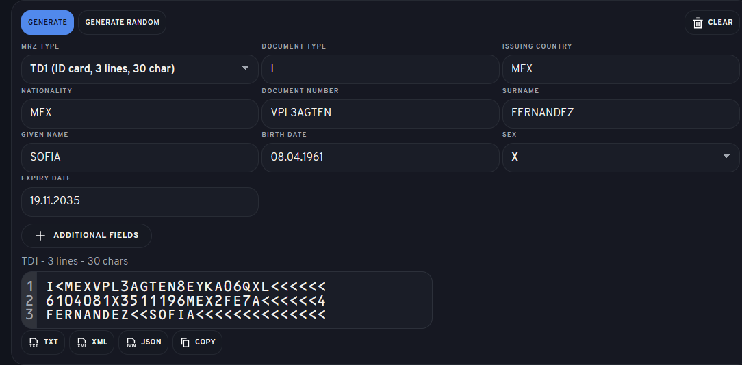 MRZ Generator after a sample MRZ has been generated.