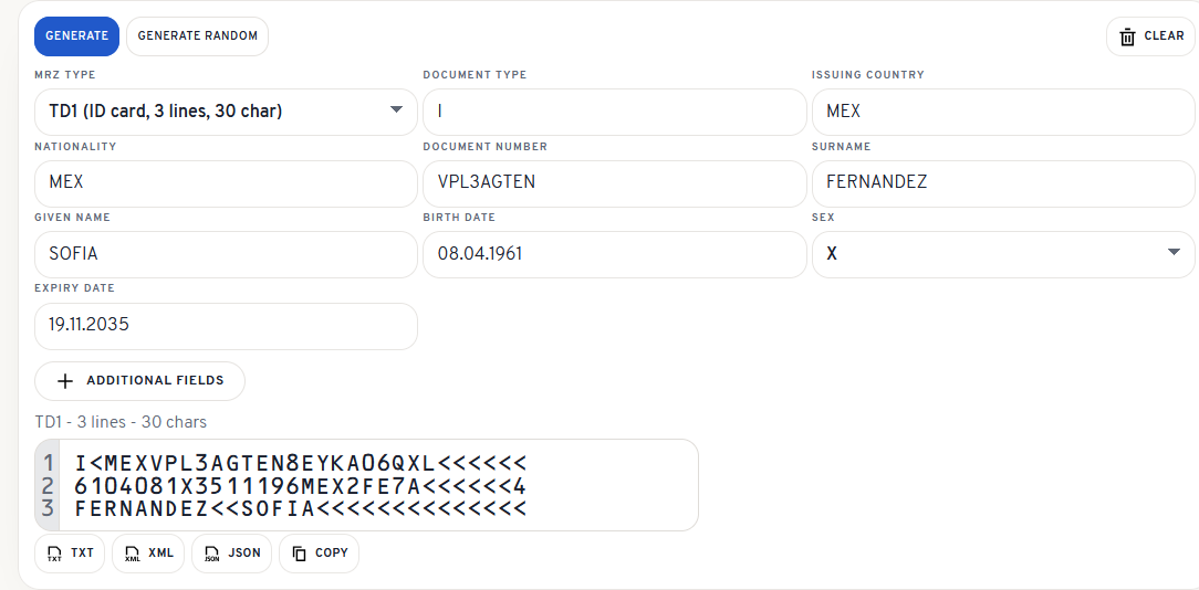 MRZ Generator after a sample MRZ has been generated.