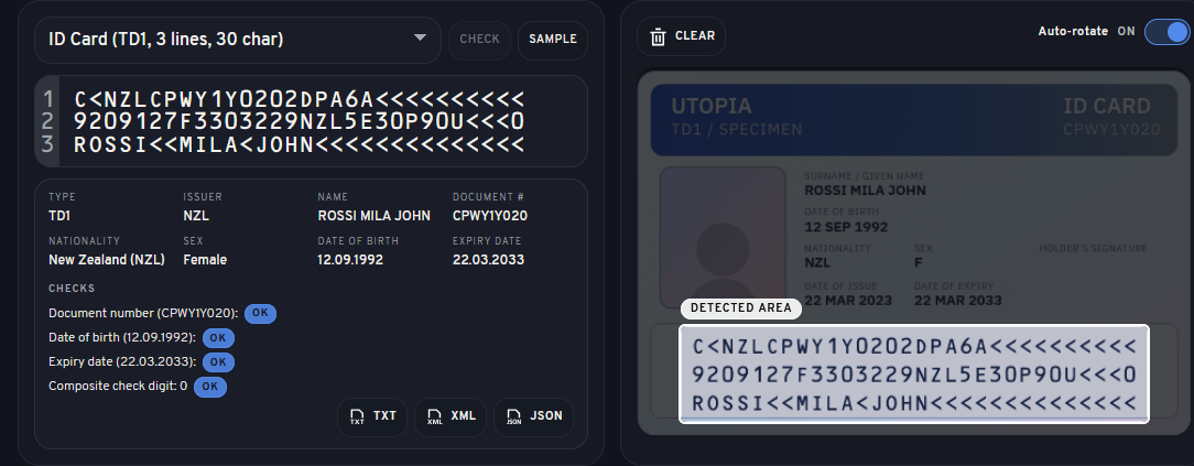 Single Check showing MRZ results after processing.