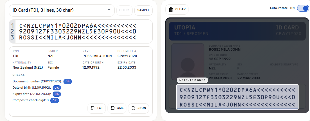 Single Check showing MRZ results after processing.